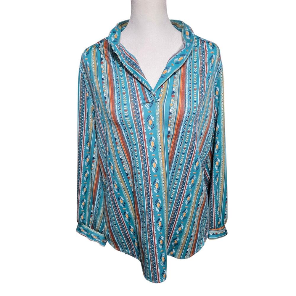 Trissi 90s Teal Aztec Southwest Button Front Blouse Tribal Print Boho Top Large